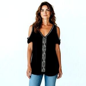 Parker Embellished 100% Silk Cold Shoulder High Low Blouse Black Size XS